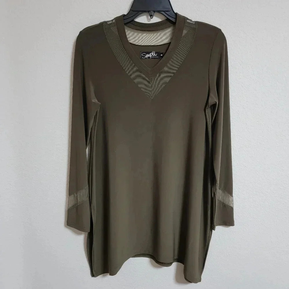 Sympli Olive V-Neck Tunic with Mesh Inserts